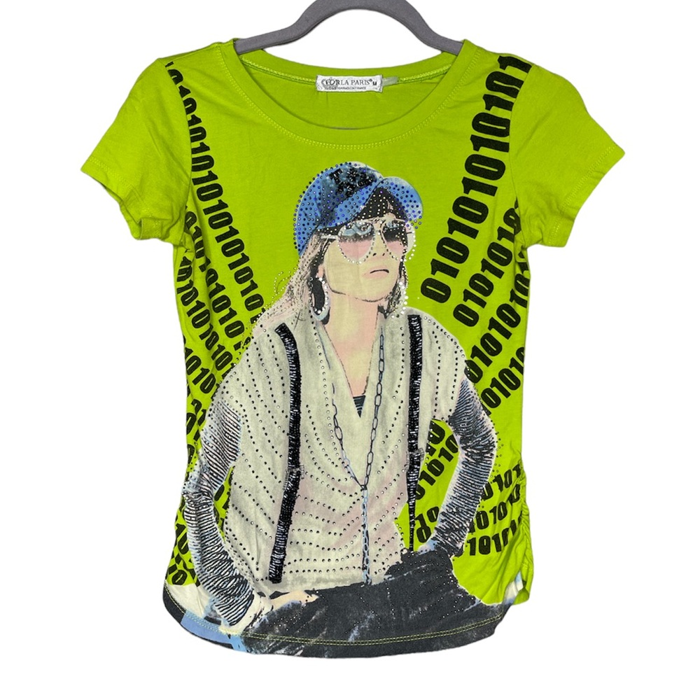 FORLA PARIS Women's Sz M Green Beaded Embellished Funky Rock & Roll Fitted Top